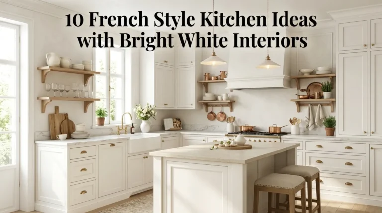 ### AI Feature Image Prompt Create a stunning, ultra-realistic **Pinterest-viral feature image** for **“10 French Style Kitchen Ideas with Bright White Interiors”**. Show a breathtaking **bright white French-style kitchen** with timeless European charm, elegant architectural details, and a fresh, airy designer aesthetic. Make the kitchen feel authentic, sophisticated, warm, and inviting rather than overly modern or sterile. Feature beautiful **warm-white shaker or raised-panel cabinetry**, an elegant marble or limestone countertop, classic farmhouse apron-front sink, refined brass hardware, a traditional range, and a softly detailed range hood. Include a charming kitchen island with a light stone countertop and comfortable counter stools. Add authentic French-inspired styling details such as **open wooden shelves displaying cream ceramics, vintage glassware, copper cookware, wooden cutting boards, linen tea towels, fresh flowers, potted herbs, antique-inspired accessories, subtle wall molding, plaster-textured walls, and elegant pendant lighting**. Create a beautiful **layered white-on-white interior** using different shades and textures—warm white cabinetry, ivory walls, creamy stone, pale oak, linen, ceramic, and subtle antique brass. Avoid stark pure white so the space remains warm and welcoming. **Color palette:** warm white, ivory, cream, soft beige, pale limestone, light oak, muted sage, and subtle aged brass. Keep the palette bright, elegant, timeless, and harmonious. **Photography style:** ultra-realistic professional interior-design photography, high-end DSLR look, Canon EOS R5, 35mm lens, natural perspective, realistic marble, plaster, wood, ceramic, linen, and brass textures, crisp architectural details, razor-sharp focus, premium European kitchen magazine editorial photography, photorealistic 8K quality. **Lighting:** warm and light overall tone, abundant soft natural daylight streaming through large windows, beautiful gentle sunlight illuminating the white cabinetry and countertops, subtle warm pendant-light glow, realistic soft shadows, balanced exposure, luminous whites without overexposure, no harsh glare. **Composition:** wide **16:9 landscape**, premium Pinterest feature-image composition, attractive three-quarter view of the kitchen, island and cabinetry as the primary focal points, open shelving clearly visible, strong architectural depth, elegant symmetry, carefully styled surfaces, spacious airy feeling, uncluttered but lived-in, **dramatic scroll-stopping WOW factor**. Add the exact title as elegant, highly readable text: **“10 French Style Kitchen Ideas with Bright White Interiors”** Place the title in a clean area of negative space, preferably in the upper portion of the image, with excellent contrast and readability. Do not cover the cabinetry, island, shelving, sink, or important French details. Use sophisticated bold editorial typography with a premium French interior-design magazine aesthetic, highly readable at Pinterest thumbnail size. **Quality requirements:** crystal-clear, razor-sharp, highly detailed, photorealistic, no blur, no haze, no grain, no pixelation, no distorted cabinets, no warped countertops, no uneven doors, no duplicated accessories, no artificial-looking materials, no excessive clutter, no people, no watermark, no logo, no random unreadable text. Make the final image look like a **luxury French interior-design magazine cover combined with a viral Pinterest thumbnail**—bright, warm, airy, elegant, timeless, charming, sophisticated, realistic, aspirational, and designed to create an immediate **“WOW, this white French kitchen is gorgeous!”** reaction and **stop scrolling instantly**.