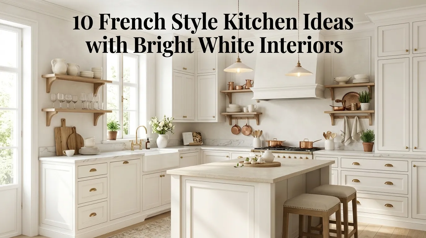 ### AI Feature Image Prompt Create a stunning, ultra-realistic **Pinterest-viral feature image** for **“10 French Style Kitchen Ideas with Bright White Interiors”**. Show a breathtaking **bright white French-style kitchen** with timeless European charm, elegant architectural details, and a fresh, airy designer aesthetic. Make the kitchen feel authentic, sophisticated, warm, and inviting rather than overly modern or sterile. Feature beautiful **warm-white shaker or raised-panel cabinetry**, an elegant marble or limestone countertop, classic farmhouse apron-front sink, refined brass hardware, a traditional range, and a softly detailed range hood. Include a charming kitchen island with a light stone countertop and comfortable counter stools. Add authentic French-inspired styling details such as **open wooden shelves displaying cream ceramics, vintage glassware, copper cookware, wooden cutting boards, linen tea towels, fresh flowers, potted herbs, antique-inspired accessories, subtle wall molding, plaster-textured walls, and elegant pendant lighting**. Create a beautiful **layered white-on-white interior** using different shades and textures—warm white cabinetry, ivory walls, creamy stone, pale oak, linen, ceramic, and subtle antique brass. Avoid stark pure white so the space remains warm and welcoming. **Color palette:** warm white, ivory, cream, soft beige, pale limestone, light oak, muted sage, and subtle aged brass. Keep the palette bright, elegant, timeless, and harmonious. **Photography style:** ultra-realistic professional interior-design photography, high-end DSLR look, Canon EOS R5, 35mm lens, natural perspective, realistic marble, plaster, wood, ceramic, linen, and brass textures, crisp architectural details, razor-sharp focus, premium European kitchen magazine editorial photography, photorealistic 8K quality. **Lighting:** warm and light overall tone, abundant soft natural daylight streaming through large windows, beautiful gentle sunlight illuminating the white cabinetry and countertops, subtle warm pendant-light glow, realistic soft shadows, balanced exposure, luminous whites without overexposure, no harsh glare. **Composition:** wide **16:9 landscape**, premium Pinterest feature-image composition, attractive three-quarter view of the kitchen, island and cabinetry as the primary focal points, open shelving clearly visible, strong architectural depth, elegant symmetry, carefully styled surfaces, spacious airy feeling, uncluttered but lived-in, **dramatic scroll-stopping WOW factor**. Add the exact title as elegant, highly readable text: **“10 French Style Kitchen Ideas with Bright White Interiors”** Place the title in a clean area of negative space, preferably in the upper portion of the image, with excellent contrast and readability. Do not cover the cabinetry, island, shelving, sink, or important French details. Use sophisticated bold editorial typography with a premium French interior-design magazine aesthetic, highly readable at Pinterest thumbnail size. **Quality requirements:** crystal-clear, razor-sharp, highly detailed, photorealistic, no blur, no haze, no grain, no pixelation, no distorted cabinets, no warped countertops, no uneven doors, no duplicated accessories, no artificial-looking materials, no excessive clutter, no people, no watermark, no logo, no random unreadable text. Make the final image look like a **luxury French interior-design magazine cover combined with a viral Pinterest thumbnail**—bright, warm, airy, elegant, timeless, charming, sophisticated, realistic, aspirational, and designed to create an immediate **“WOW, this white French kitchen is gorgeous!”** reaction and **stop scrolling instantly**.